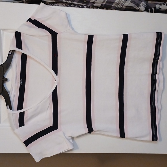 Tommy Hilfiger Women's Short Sleeve V-Neck Top - Pink and Black Stripes - Picture 1 of 5